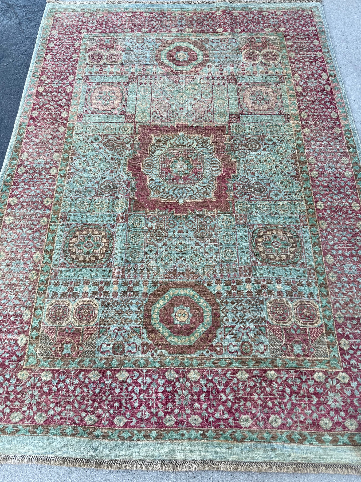 4x6 (120x180) Handmade Afghan Rug | Watermelon Red Coral Emerald Pistachio Sea-grass Cream | Wool Persian Knotted Mamluk Traditional