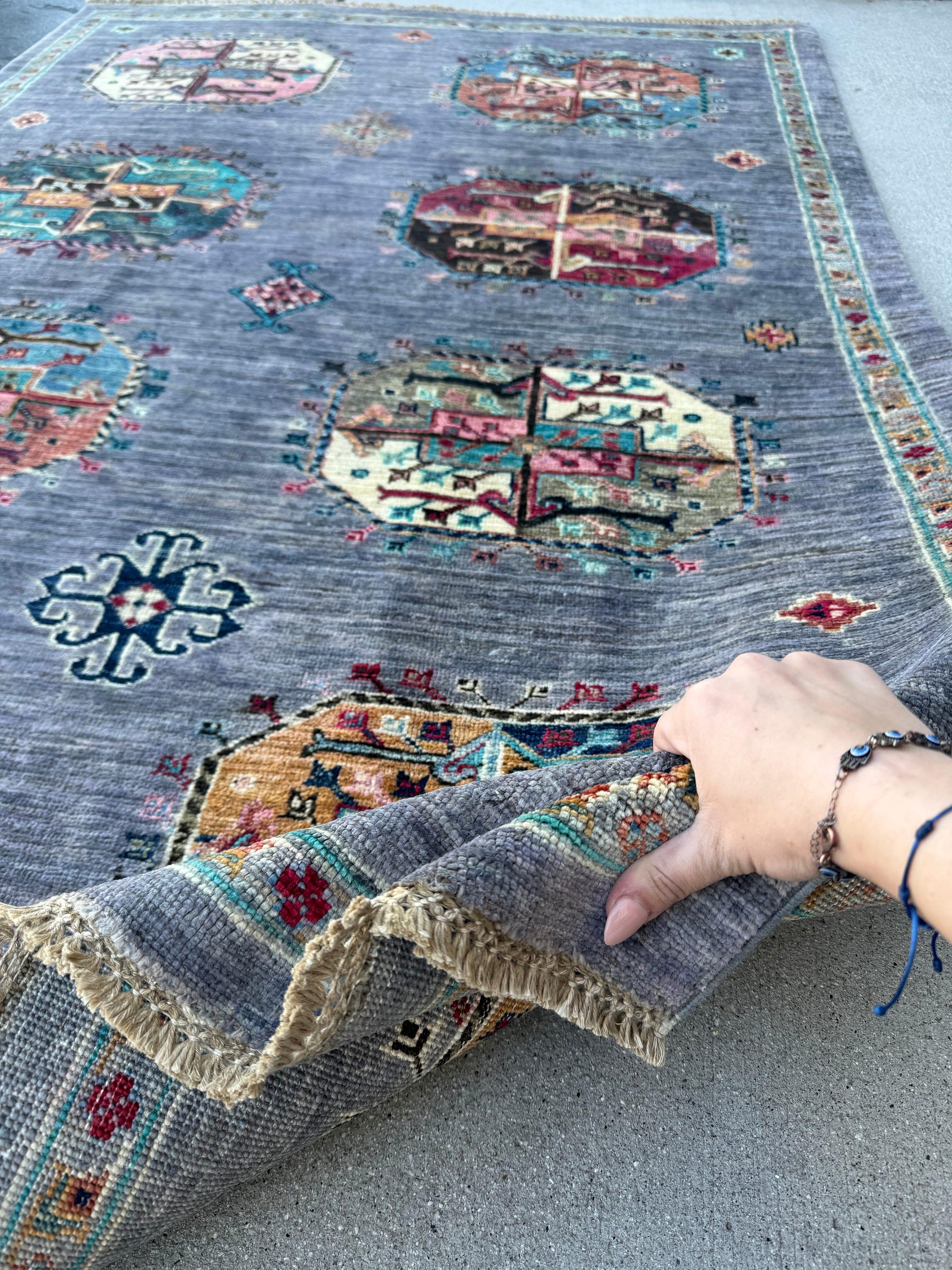 4x6 (120x180) Handmade Afghan Rug | Charcoal Grey Prussian Blue Aqua Forest Green Fuchsia Honey | Wool Turkmen Knotted Elephants Foot