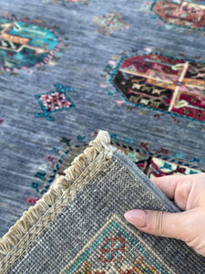 4x6 (120x180) Handmade Afghan Rug | Charcoal Grey Prussian Blue Aqua Forest Green Fuchsia Honey | Wool Turkmen Knotted Elephants Foot