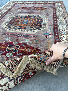 4x6 (120x180) Handmade Afghan Rug | Cream Dusty Brick Red Dark Blue Dark Red Orange Lime Green Black | Wool Geometric Knotted Kazac