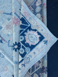 9x12 ( 270x370) Handmade Afghan Rug | Sky Blue Denim Blue Prussian Blue Cream Salmon Pink Baby Pink |Wool Persian Knotted Oriental Tassels