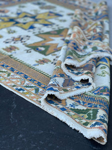 5x7 (150 x 215) Handmade Afghan Rug | Cream White Denim Blue Sapphire Green Orange Saffron Gold Olive Green | Wool Geometric Knotted Tassels