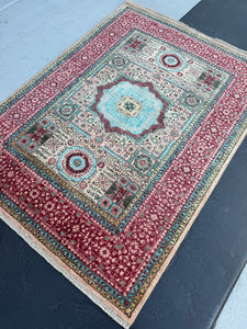 4x6 (120x180) Handmade Afghan Rug | Watermelon Red Cream Coral Emerald Pistachio Sea-grass Cream | Wool Persian Knotted Mamluk Traditional