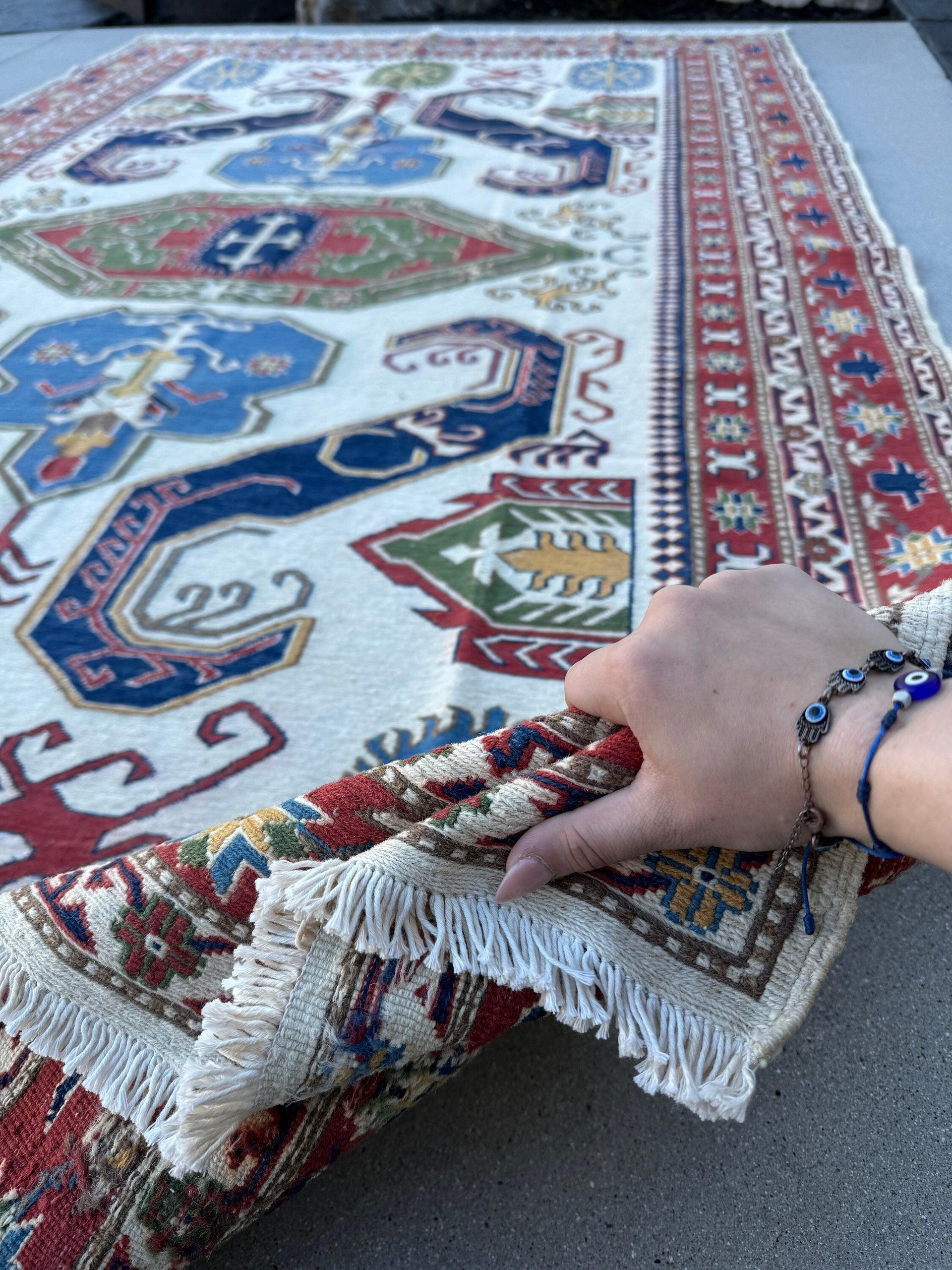 6x10 Handmade Afghan Rug | Cream Ivory White Denim Blue Sapphire Green Orange Saffron Gold Olive Green | Wool Geometric Knotted Tassels