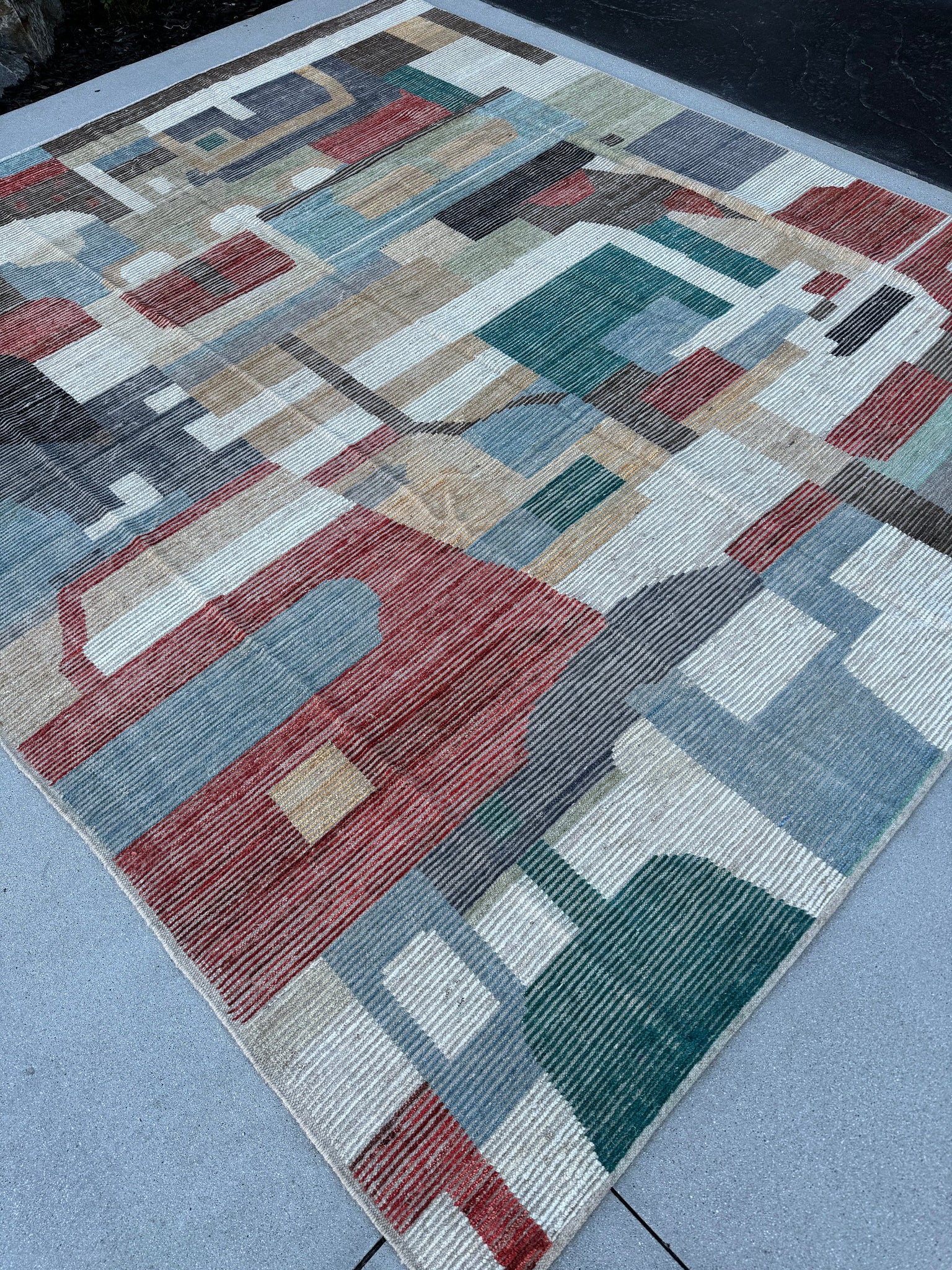 8-9x10 Handmade Afghan Moroccan Rug Ivory Grey Powder Blue Brown Brick Red Sage Green Black Contemporary Wool Hand Knotted Modern