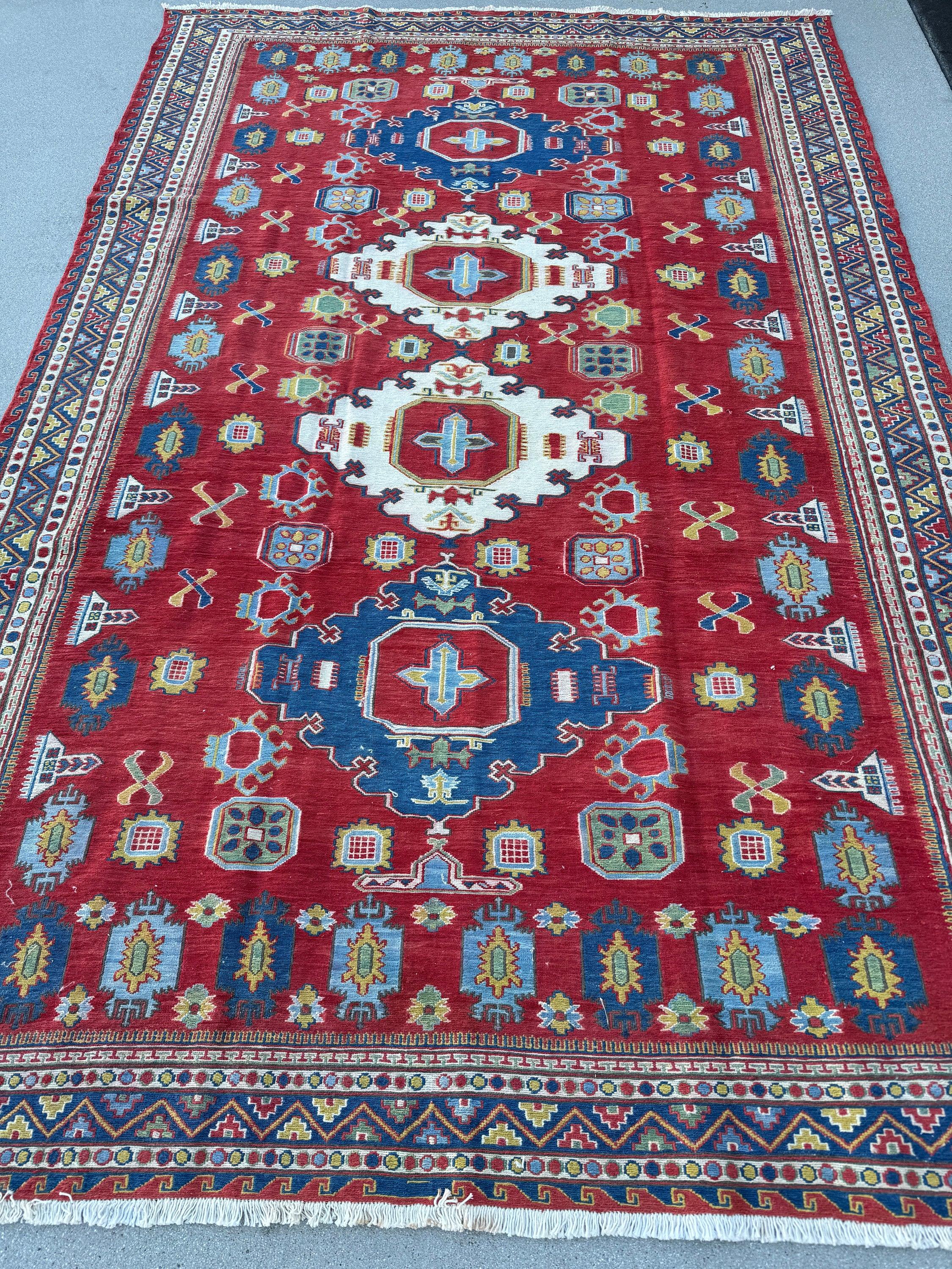 5-6x8 Handmade Afghan Moroccan Rug | Ruby Red Denim Blue Ivory Yellow Teal | Classic Wool Hand Knotted Tassels Traditional Kazak