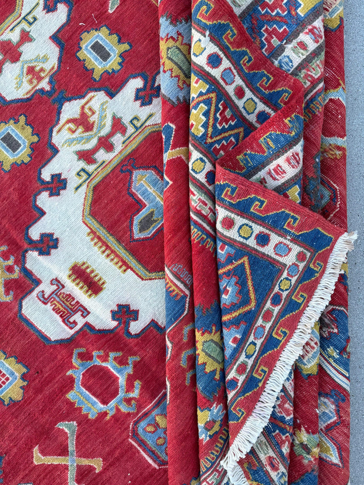 5-6x8 Handmade Afghan Moroccan Rug | Ruby Red Denim Blue Ivory Yellow Teal | Classic Wool Hand Knotted Tassels Traditional Kazak