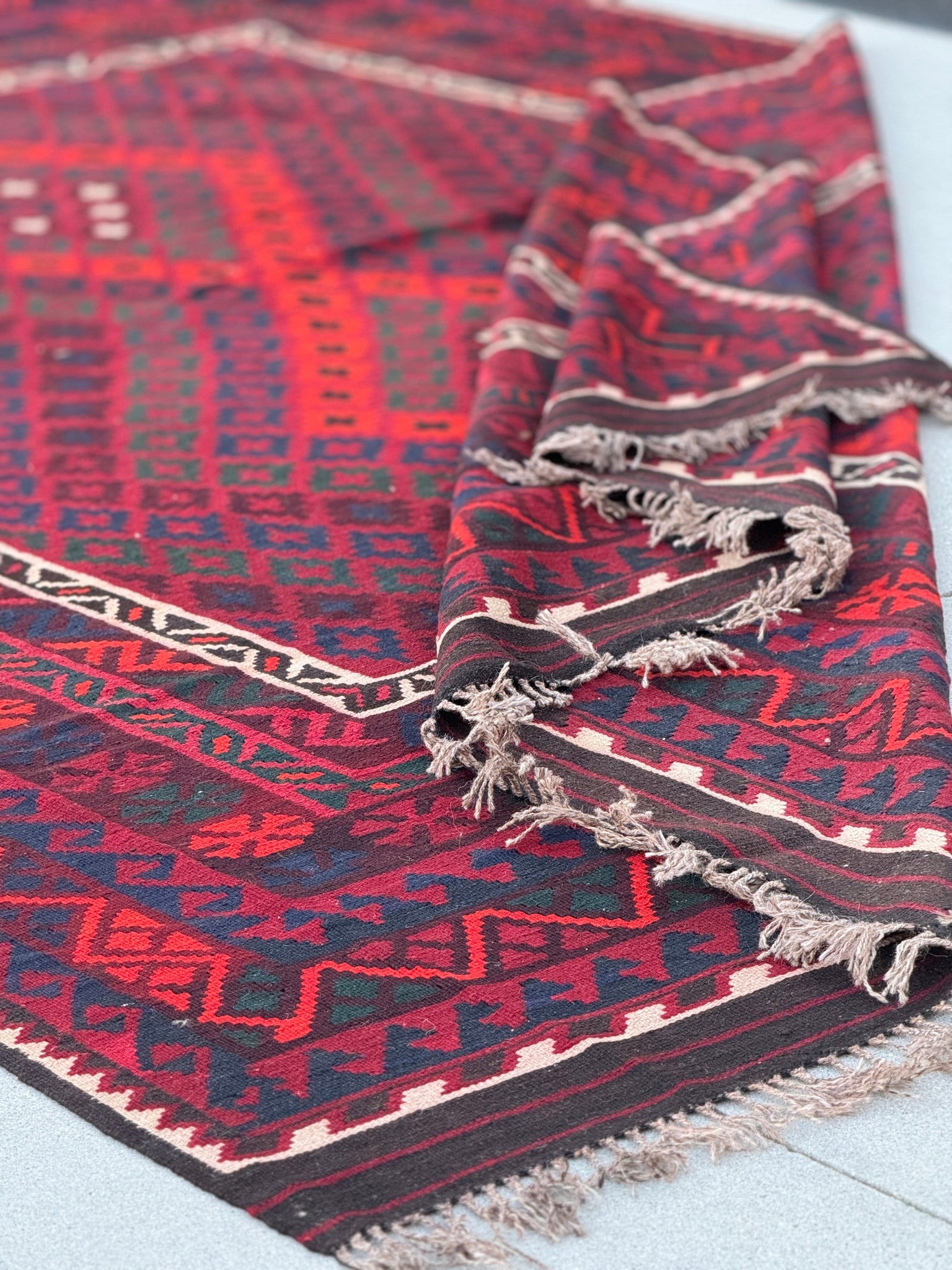8x11 - 9x11 Handmade Afghan Kilim Rug | Crimson Blood Red Navy Midnight Blue Forest Green White Black | Geometric Wool Flatweave