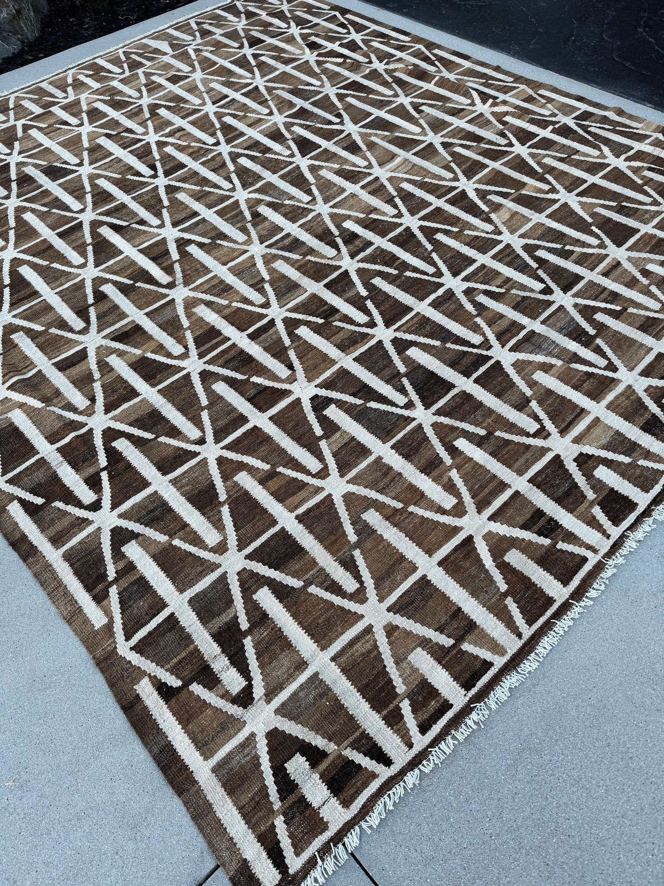 9x10 (274x305) Handmade Afghan Kilim Rug | Neutral Mocha Coffee Brown Ivory | Flatweave Flatwoven Outdoor Luxury Wool Quality Modern