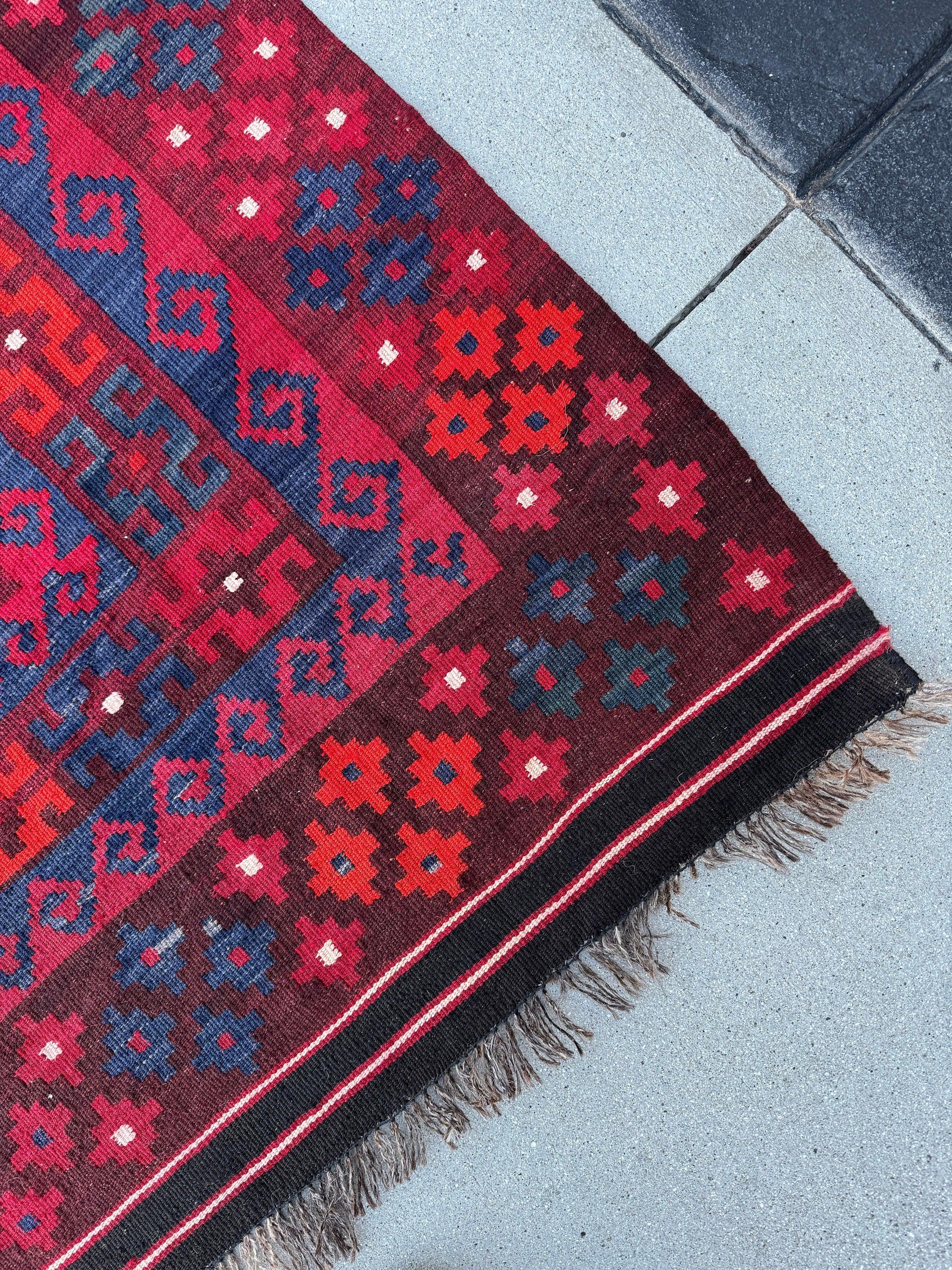 8x10 (244x251) Handmade Afghan Kilim Rug | Crimson Cherry Blood Red Navy Midnight Blue White Black Beige | Geometric Wool Flatweave