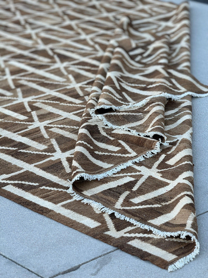 7x10 (213x305) Handmade Afghan Kilim Rug | Mocha Chocolate Brown Cream White | Flatweave Wool Flatwoven Boho