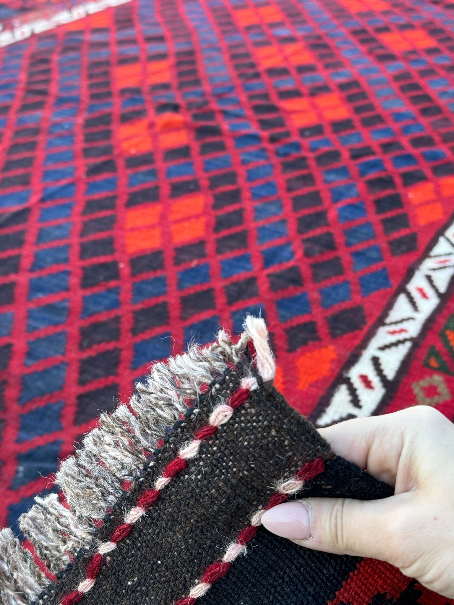 8x13 (244x396) Handmade Afghan Kilim Rug | Crimson Cherry Blood Red Emerald Green White Navy Blue | Flatweave Wool Flatwoven Boho