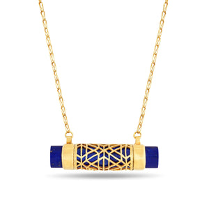 Handmade Afghan Lapis Lazuli Gold Plated Silver Pendant Necklace Elegant Inspired Jewelry Tessellated Geometric Motif Gift for Her