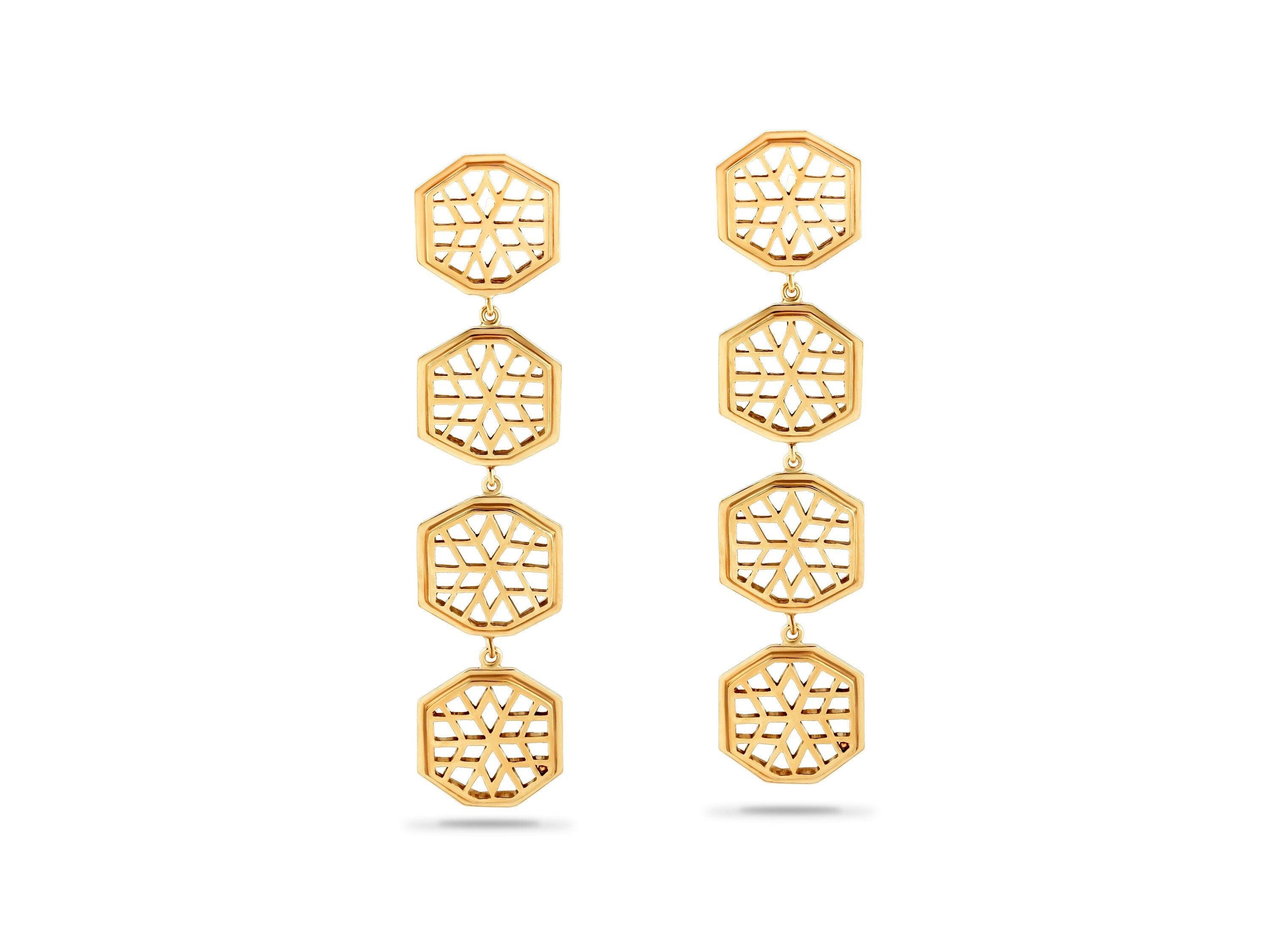 Handmade Afghan Gold Plated Silver Chandelier Earrings Geometric Elegant Inspired Jewelry Tessellated Motif Sun Abstract Gift for Her