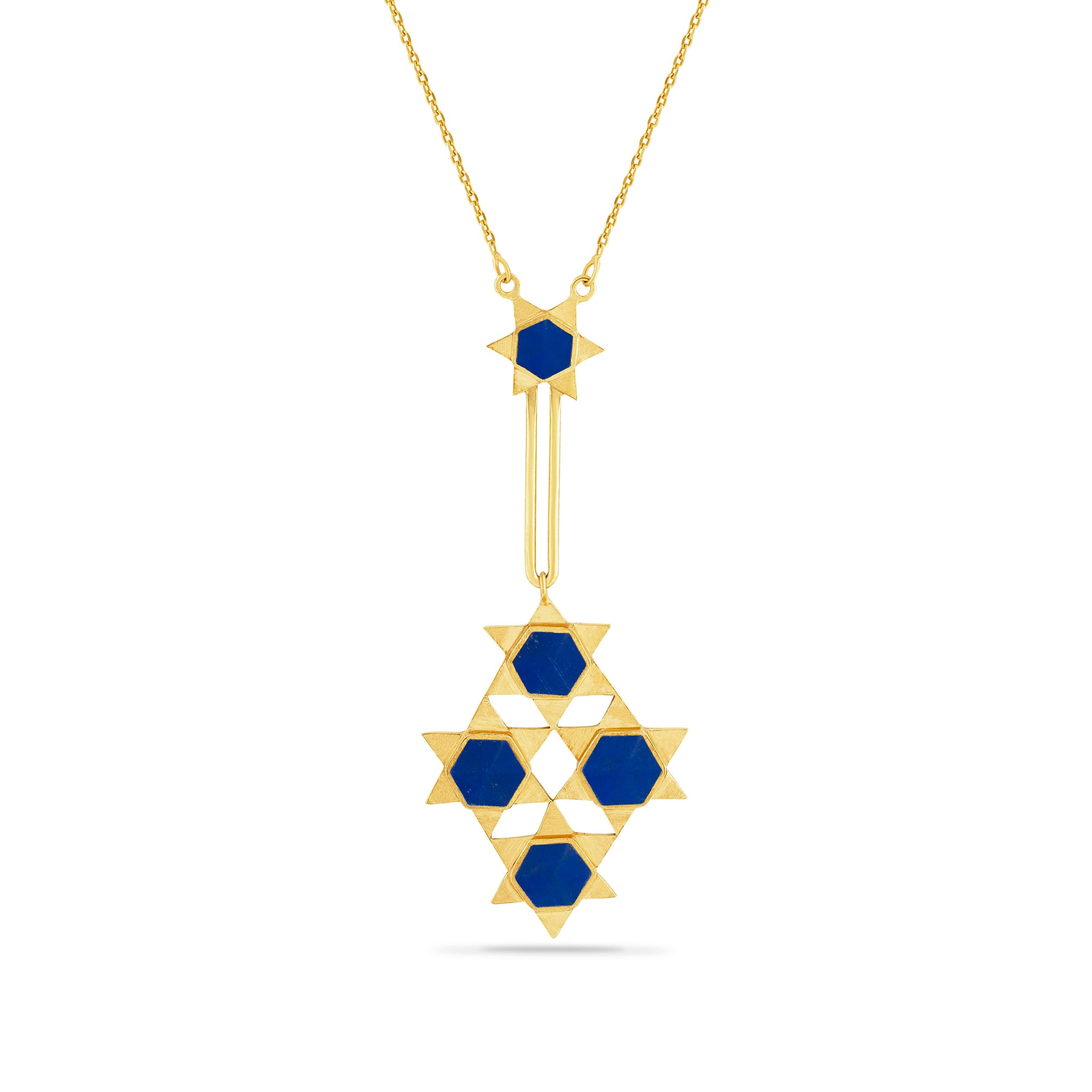Handmade Afghan Lapis Lazuli Gold Plated Silver Pendant Necklace Elegant Inspired Jewelry Star Hexagonal Geometric Motif Gift for Her