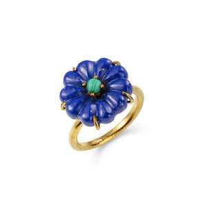 Handmade Afghan Lapis Lazuli Gold Plated Brass Ring Flower Malachite Chic Minimalist Inspired Jewelry Blue Artisanal Gift for Her