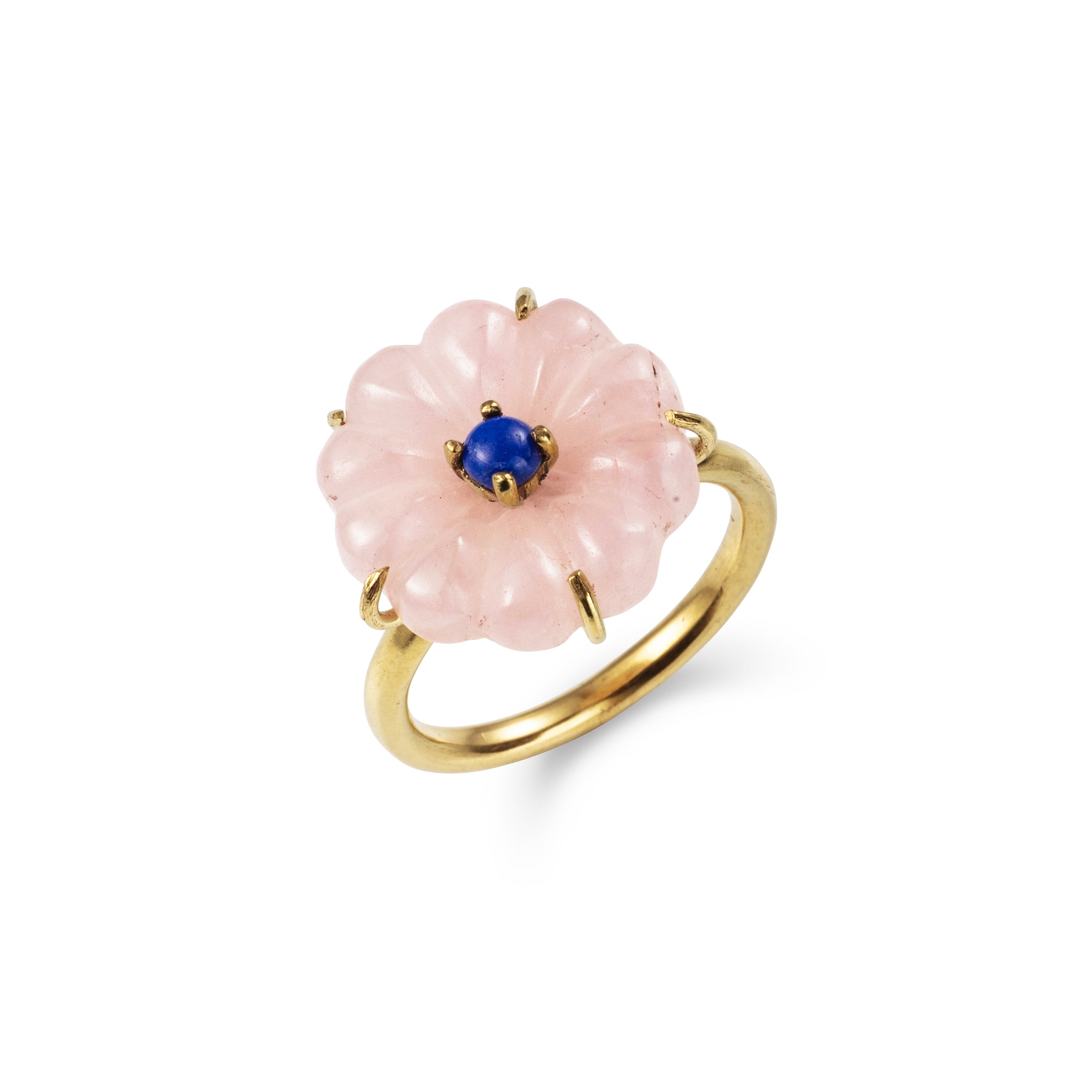 Handmade Afghan Morganite Gold Plated Brass Ring Flower Lapis Lazuli Chic Minimalist Inspired Jewelry Pink Blue Artisanal Gift for Her
