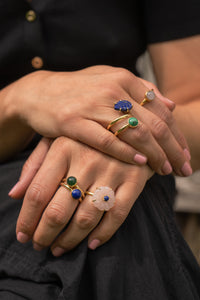 Handmade Afghan Morganite Gold Plated Brass Ring Flower Lapis Lazuli Chic Minimalist Inspired Jewelry Pink Blue Artisanal Gift for Her