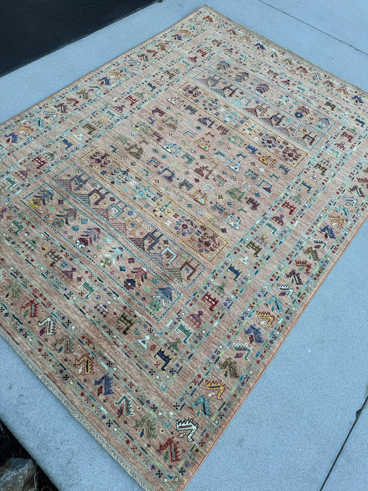 6x8 (180x245) Handmade Afghan Rug | Light Mauve Ivory Brick Red Denim Blue Teal Turquoise Cornsilk Honey Eggplant Black Brown White | Gabbeh