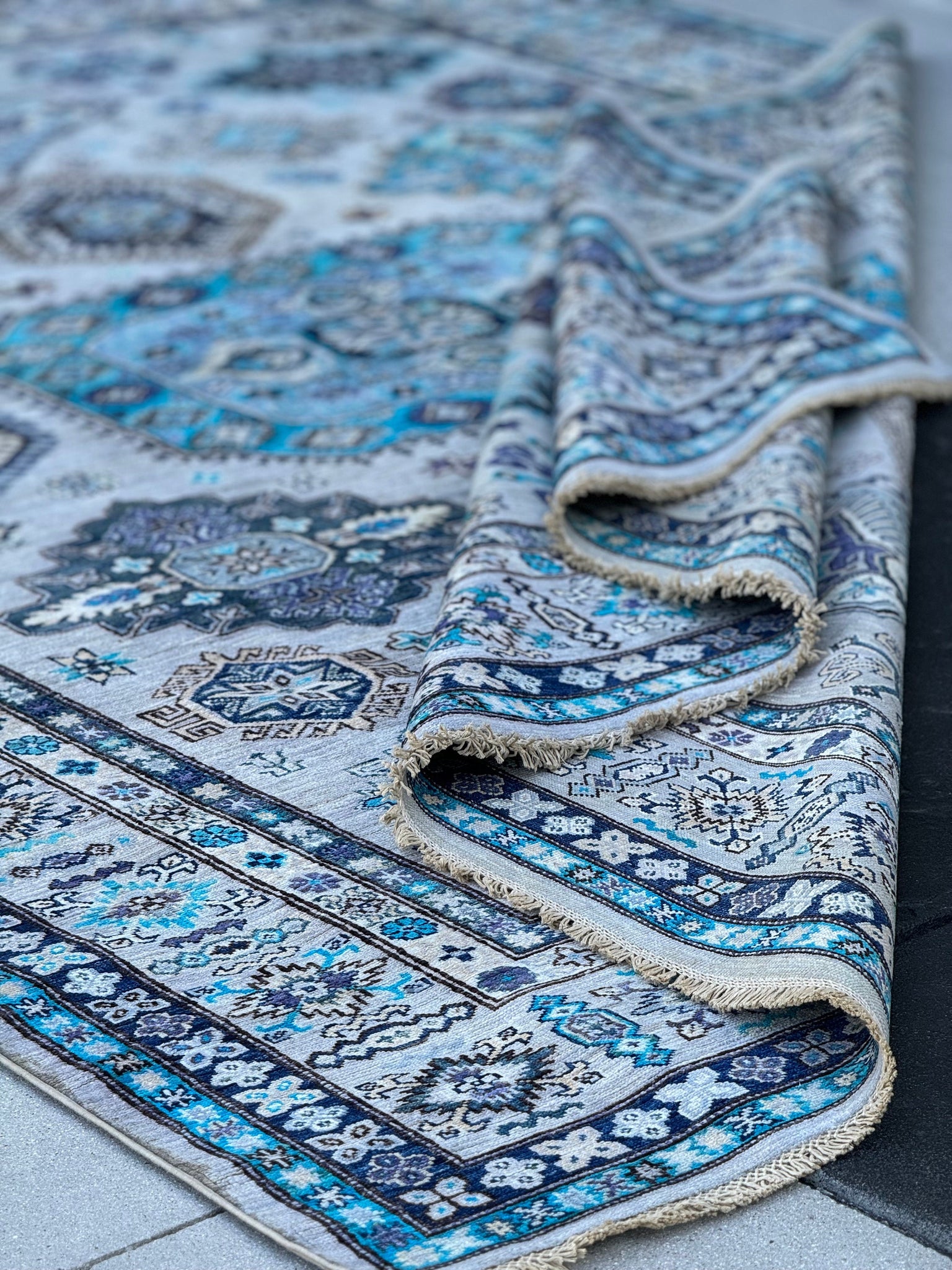 8x10 - 8x11 Handmade Afghan Rug | Grey Turquoise Navy Blue Charcoal Ivory Cream Moss Green Black | Hand Knotted Wool Persian Heriz Serapi