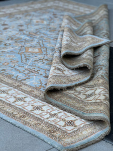 7x10 - 8x10 Handmade Afghan Rug | Denim Blue Beige Cream Caramel Gold Blue | Khottan Turkish Wool Boho Persian Tribal Hand Knotted