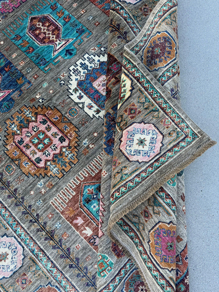 6x8 Handmade Afghan Rug | Moss Green Hazel Green Baby Pink Cream Honey Fuchsia Coffee Eggplant Brick Red Black | Medallion Geometric