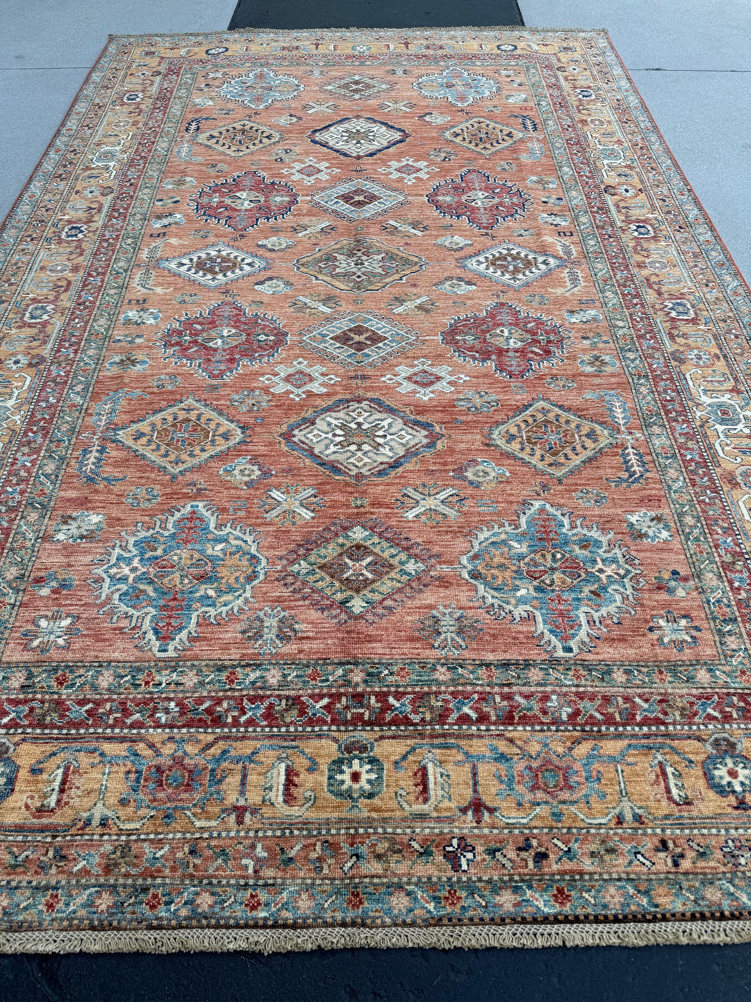7x10 - 7x11 (215x305) Handmade Afghan Rug | Brick Red Honey Cream Turquoise Indigo Sky Blue Denim Blue Auburn | Wool Earth Tones Medallions