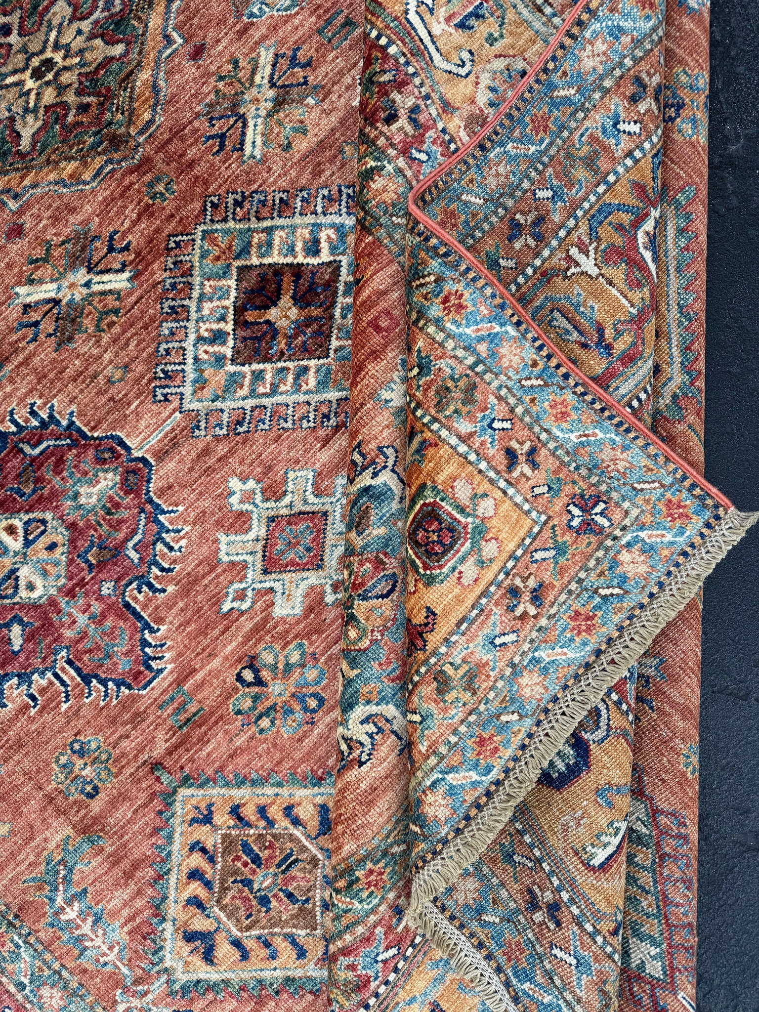 7x10 - 7x11 (215x305) Handmade Afghan Rug | Brick Red Honey Cream Turquoise Indigo Sky Blue Denim Blue Auburn | Wool Earth Tones Medallions