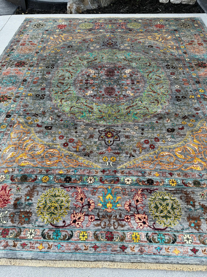 7x8-7x9 Hand Knotted Handmade Afghan Rug | Charcoal Grey Emerald Green Black Brick Red Salmon Pink Teal Yellow | Geometric Mamluk Wool