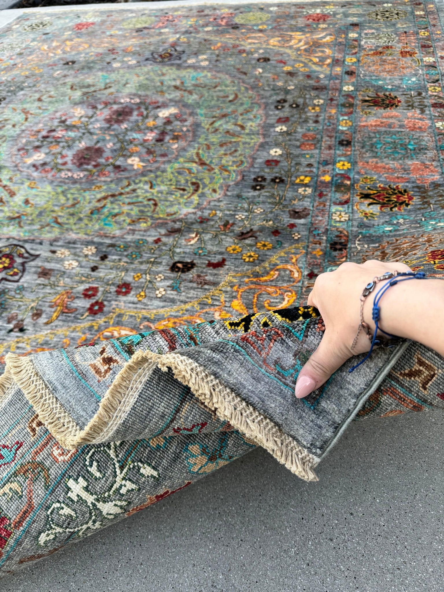 7x8-7x9 Hand Knotted Handmade Afghan Rug | Charcoal Grey Emerald Green Black Brick Red Salmon Pink Teal Yellow | Geometric Mamluk Wool