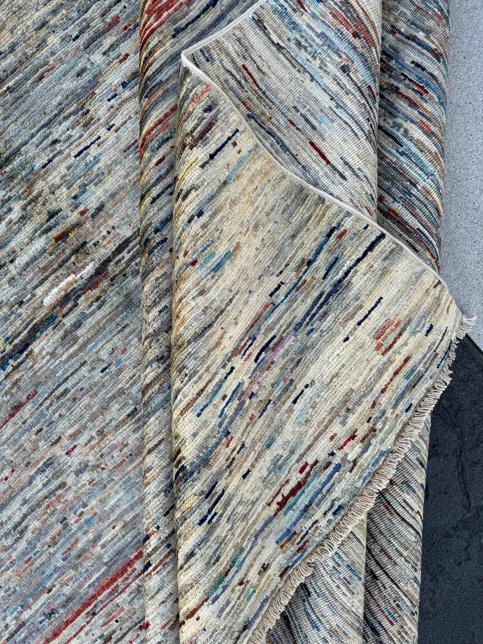 8x9 (240x270) Hand Knotted Handmade Afghan Rug | Cream White Brick Red Denim Blue Cornsilk Black Charcoal Grey | Modern Striped Wool