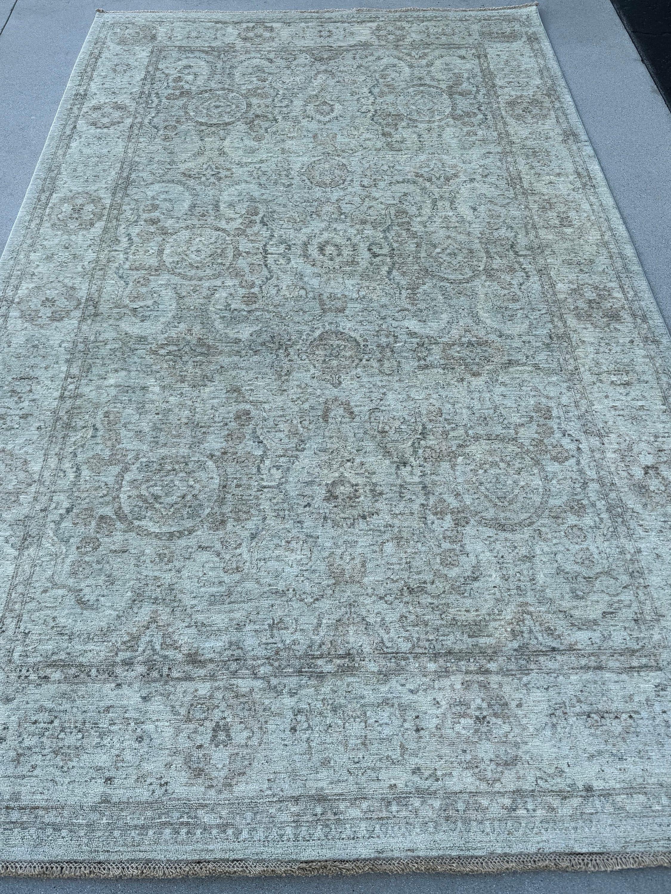 6x10 (180x300) Hand Knotted Handmade Afghan Rug | Cream White Pastel Ivory Light Brown Gold Cornsilk Light Green | Modern Soft Neutral Wool