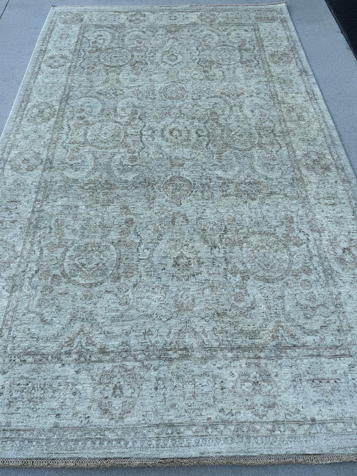 6x10 (180x300) Hand Knotted Handmade Afghan Rug | Cream White Pastel Ivory Light Brown Gold Cornsilk Light Green | Modern Soft Neutral Wool