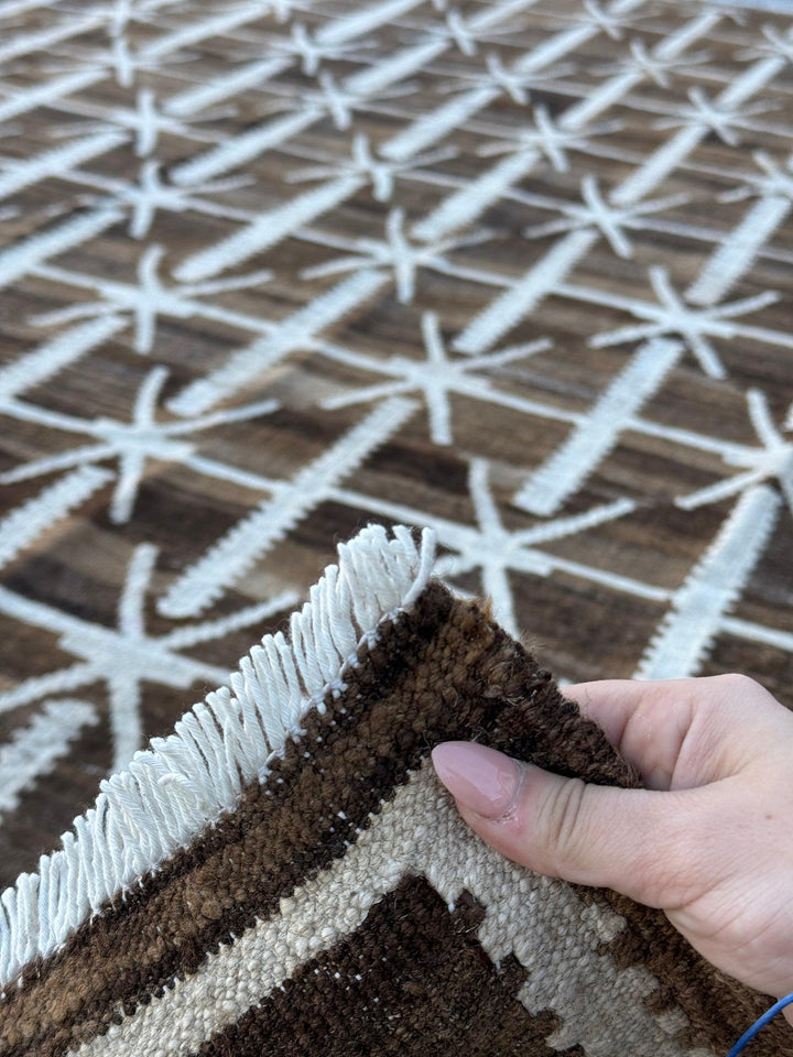 8x10 (244x251) Handmade Afghan Kilim Rug | Chocolate Mocha Coffee Brown Cream White Ivory | Geometric Wool Flatweave