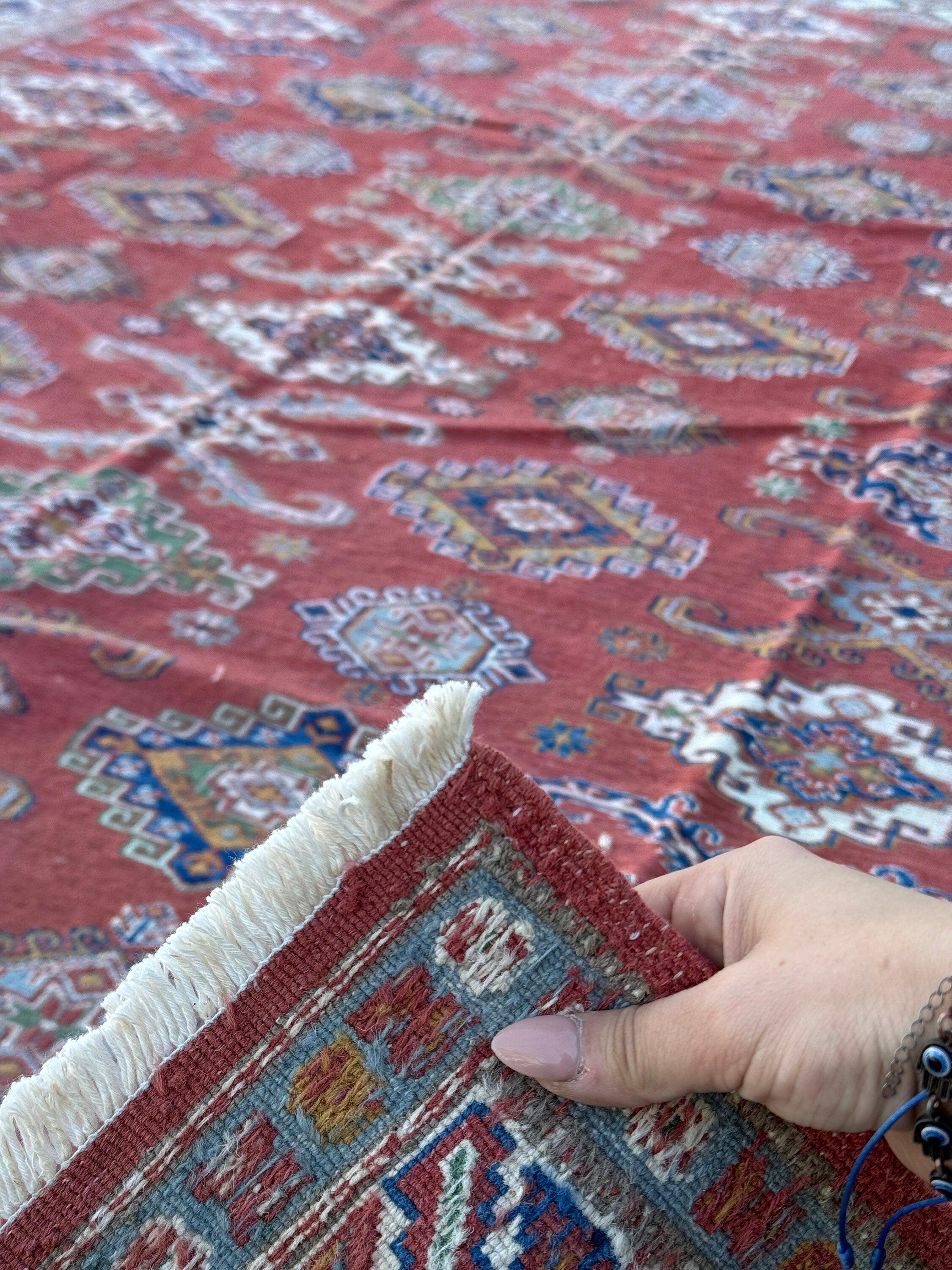 6x10 (180x305) Handmade Afghan Soumak Rug | Brick Red Navy Royal Sky Blue White Forest Green Cream Caramel | Flatweave Wool Kilim