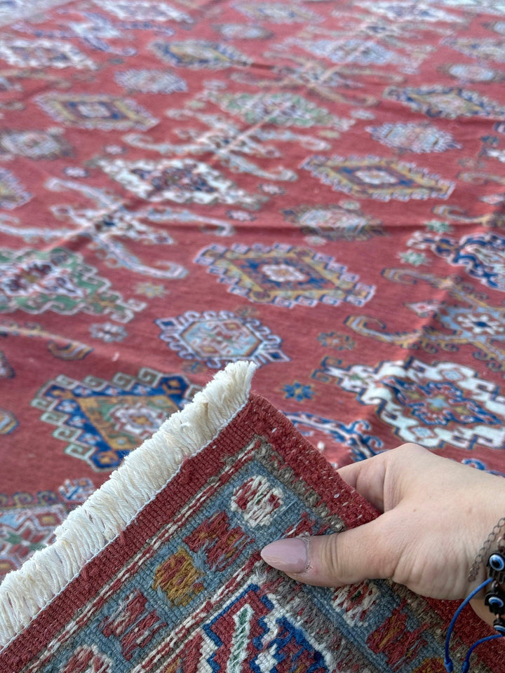 6x10 (180x305) Handmade Afghan Soumak Rug | Brick Red Navy Royal Sky Blue White Forest Green Cream Caramel | Flatweave Wool Kilim