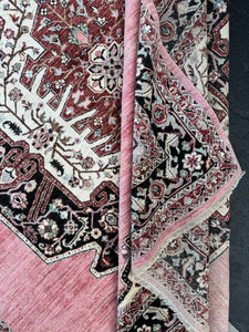 8x10-8x11 (245x305) Handmade Afghan Rug | Dusty Pink Espresso Brown Ivory Slate Grey Gray Taupe Powser Blue Coral | Persian Heriz Serapi