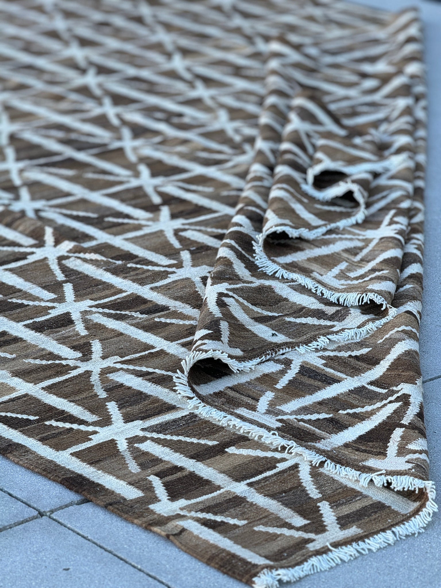 7x10 (210x305) Handmade Afghan Kilim Rug | Chocolate Mocha Coffee Brown Cream White Ivory | Geometric Wool Flatweave
