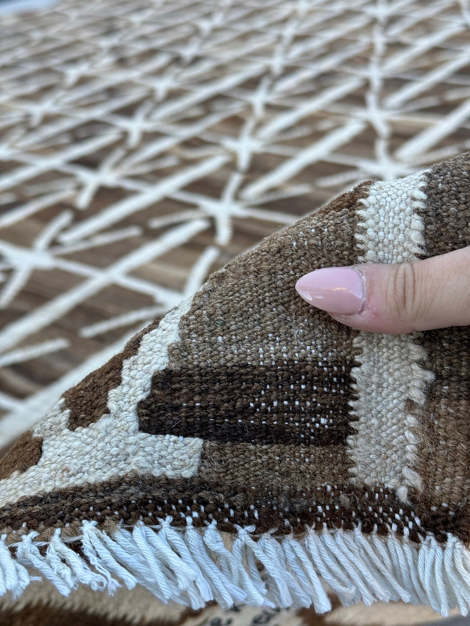 7x10 (210x305) Handmade Afghan Kilim Rug | Chocolate Mocha Coffee Brown Cream White Ivory | Geometric Wool Flatweave
