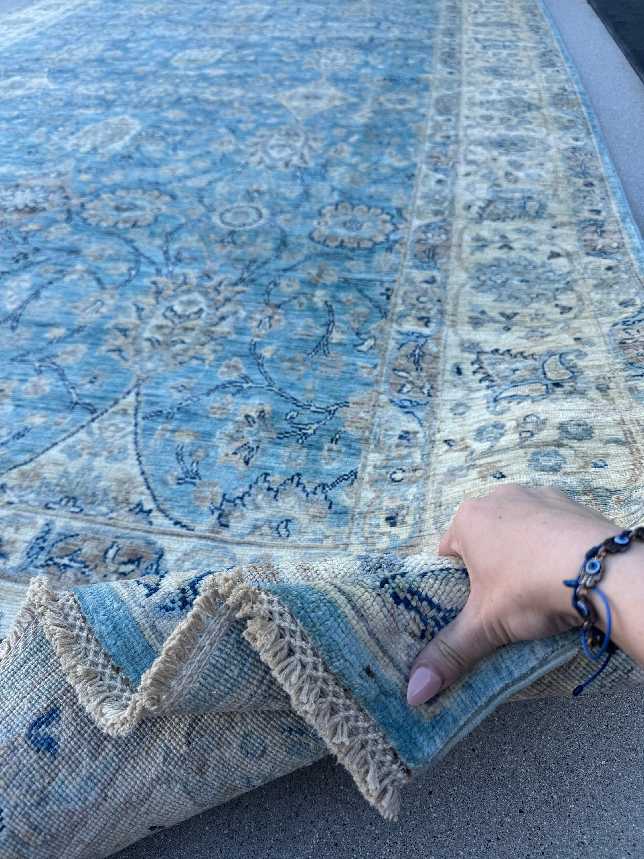 7x10 (213x305) Handmade Afghan Rug | Sky Powder Navy Blue Beige Taupe Cream Grey White | Floral Wool Hand-Knotted