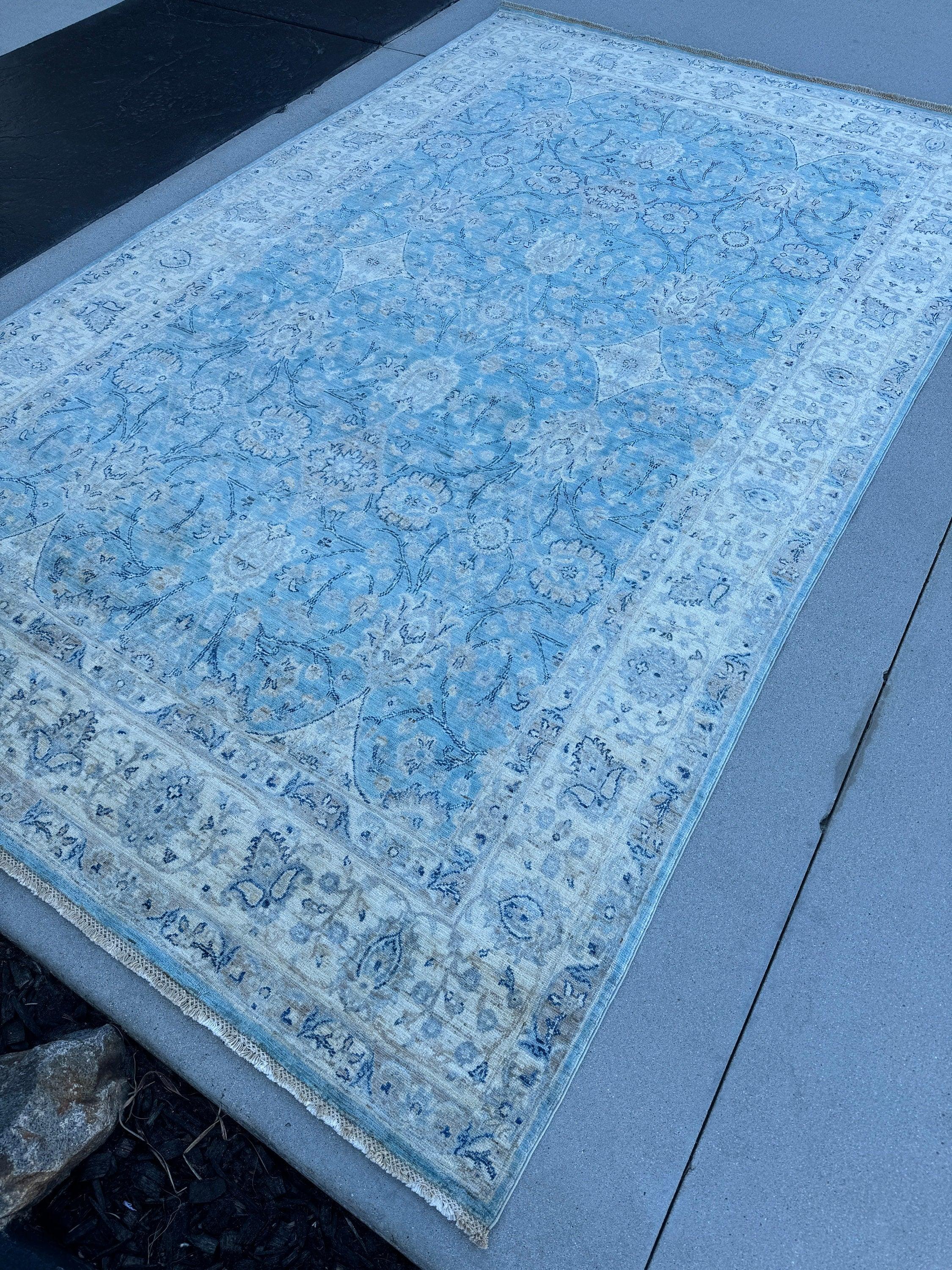 7x10 (213x305) Handmade Afghan Rug | Sky Powder Navy Blue Beige Taupe Cream Grey White | Floral Wool Hand-Knotted