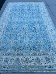 7x10 (213x305) Handmade Afghan Rug | Sky Powder Navy Blue Beige Taupe Cream Grey White | Floral Wool Hand-Knotted