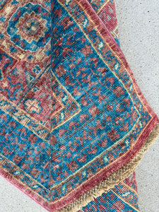 2x6 (60x185) Handmade Afghan Runner Rug | Turquoise Teal Denim Blue Rose Fuschia Pink Cream Beige | Mamluk Wool Hand-Knotted