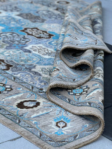 8x10-8x11 (245x305) Handmade Afghan Rug | Slate Ash Grey Graphite Azure Sky Powder Blue Teal Ivory Charcoal Grey Espresso | Paisley Wool Turkish Oushak
