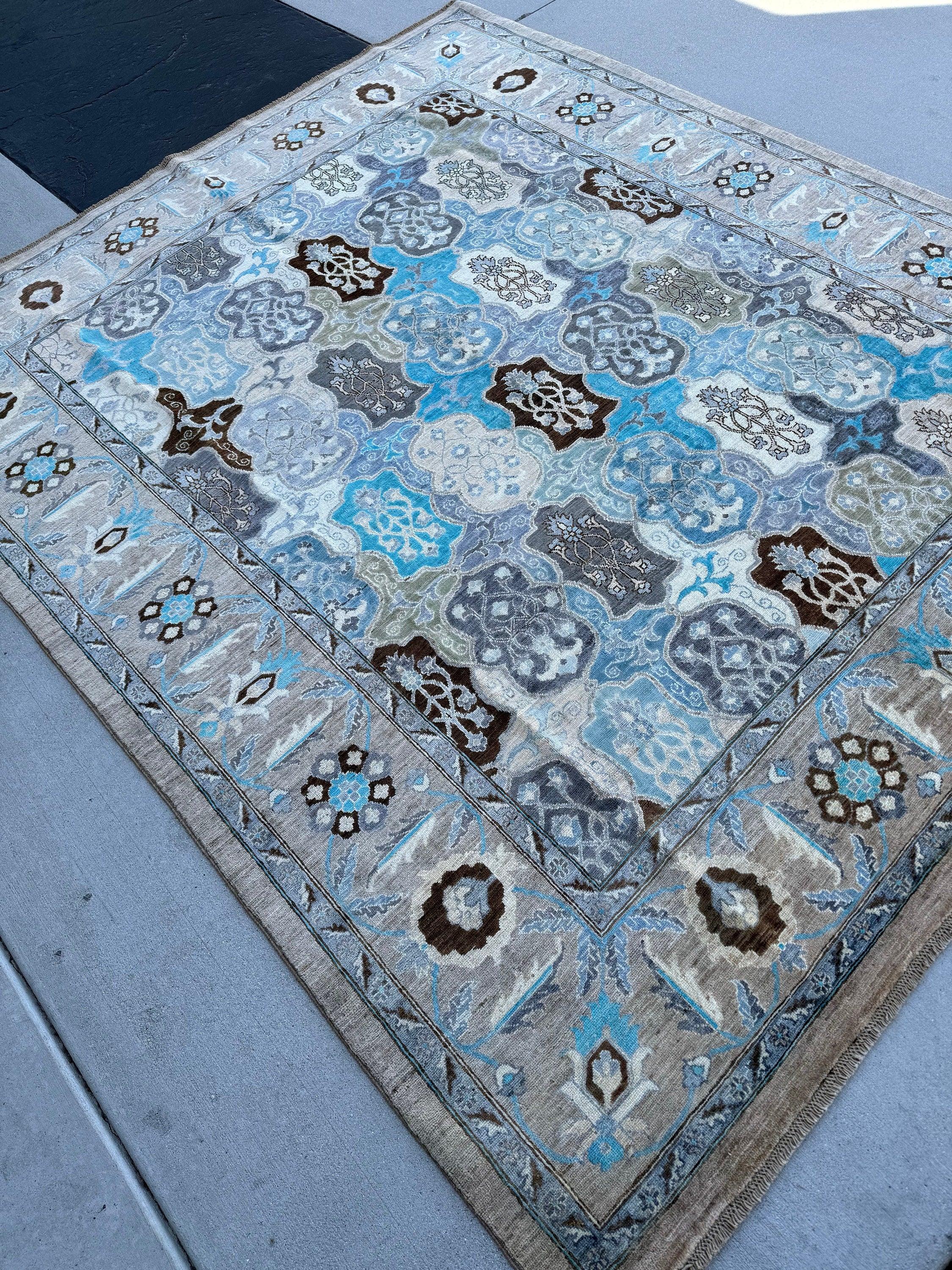 8x10-8x11 (245x305) Handmade Afghan Rug | Slate Ash Grey Graphite Azure Sky Powder Blue Teal Ivory Charcoal Grey Espresso | Paisley Wool Turkish Oushak