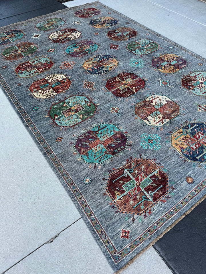 7x10 Handmade Afghan Rug | Grey Turquoise Navy Blue Terra Cotta Caramel Sage Green Red Maroon Purple | Turkish Oushak Gul Fil Pay Turkmen Wool Area Rug Hand Knotted