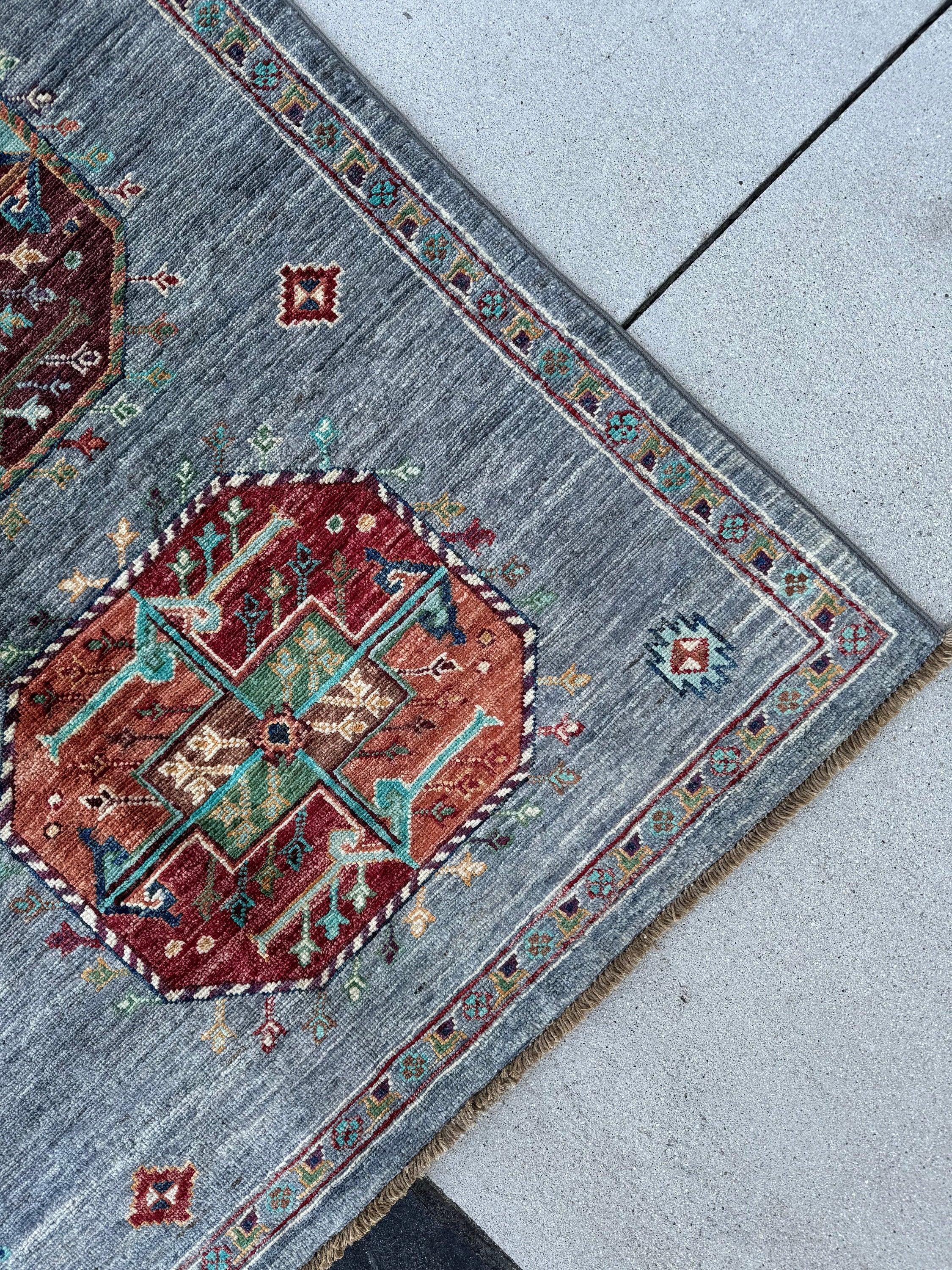 7x10 Handmade Afghan Rug | Grey Turquoise Navy Blue Terra Cotta Caramel Sage Green Red Maroon Purple | Turkish Oushak Gul Fil Pay Turkmen Wool Area Rug Hand Knotted