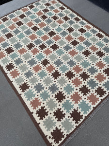 5x6-7 Handmade Afghan Kilim Rug | Cream White Chocolate Brown Teal Air Force Blue Sage Green Mauve Dusty Rose Pink Taupe | Wool Flatweave