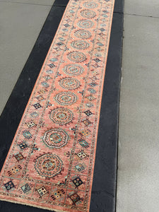3x10 (90x305) Handmade Afghan Runner Rug | Salmon Teal Turquoise Beige Cream Taupe Maroon Burgundy Terracotta | Wool Hand Knotted