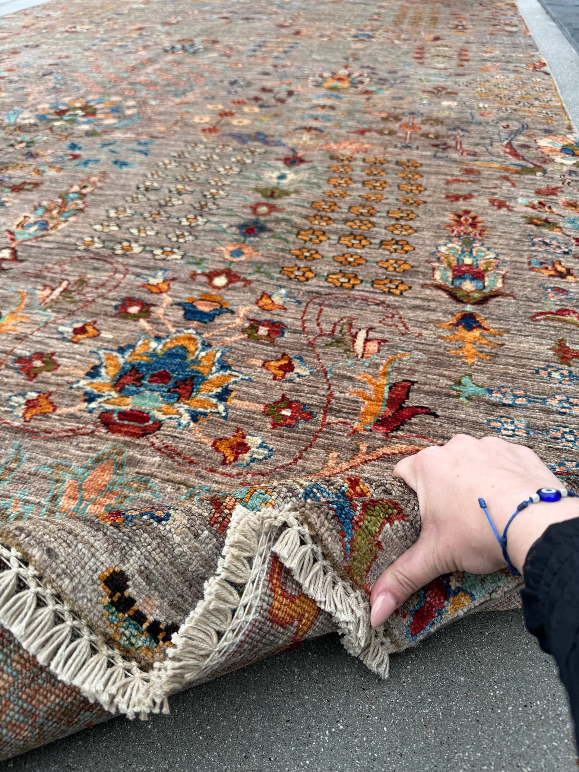 7x10 (213x305) Handmade Afghan Rug | Taupe Grey Gray Coffee Brown Beige Rust Burnt Orange Teal Ruby Red Mustard Yellow Olive Green Cream